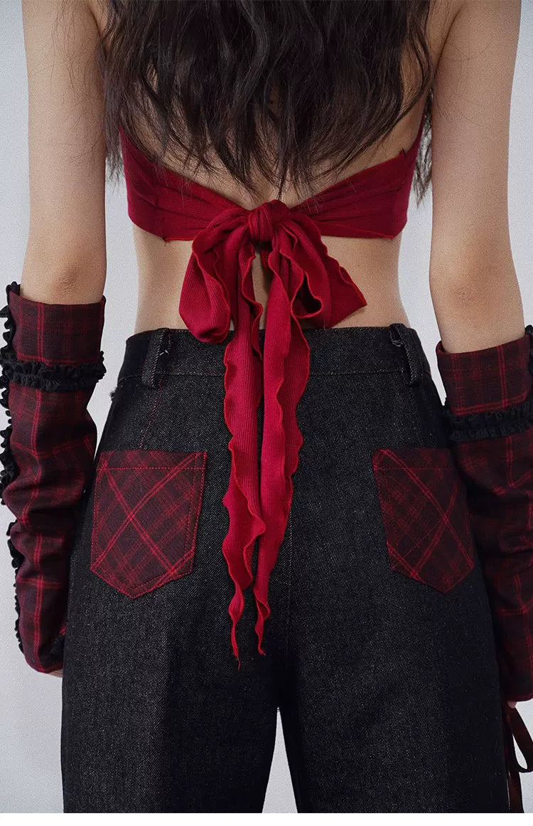 Red & Black Rock-Inspired Detachable Fur Collar Two-Way Camisole
