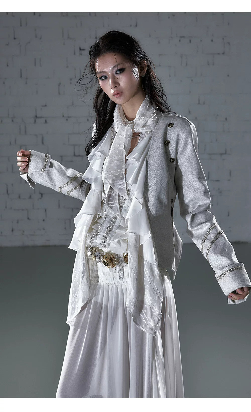 Ruffle Tie-Neck Slim Fit Long Sleeve Shirt