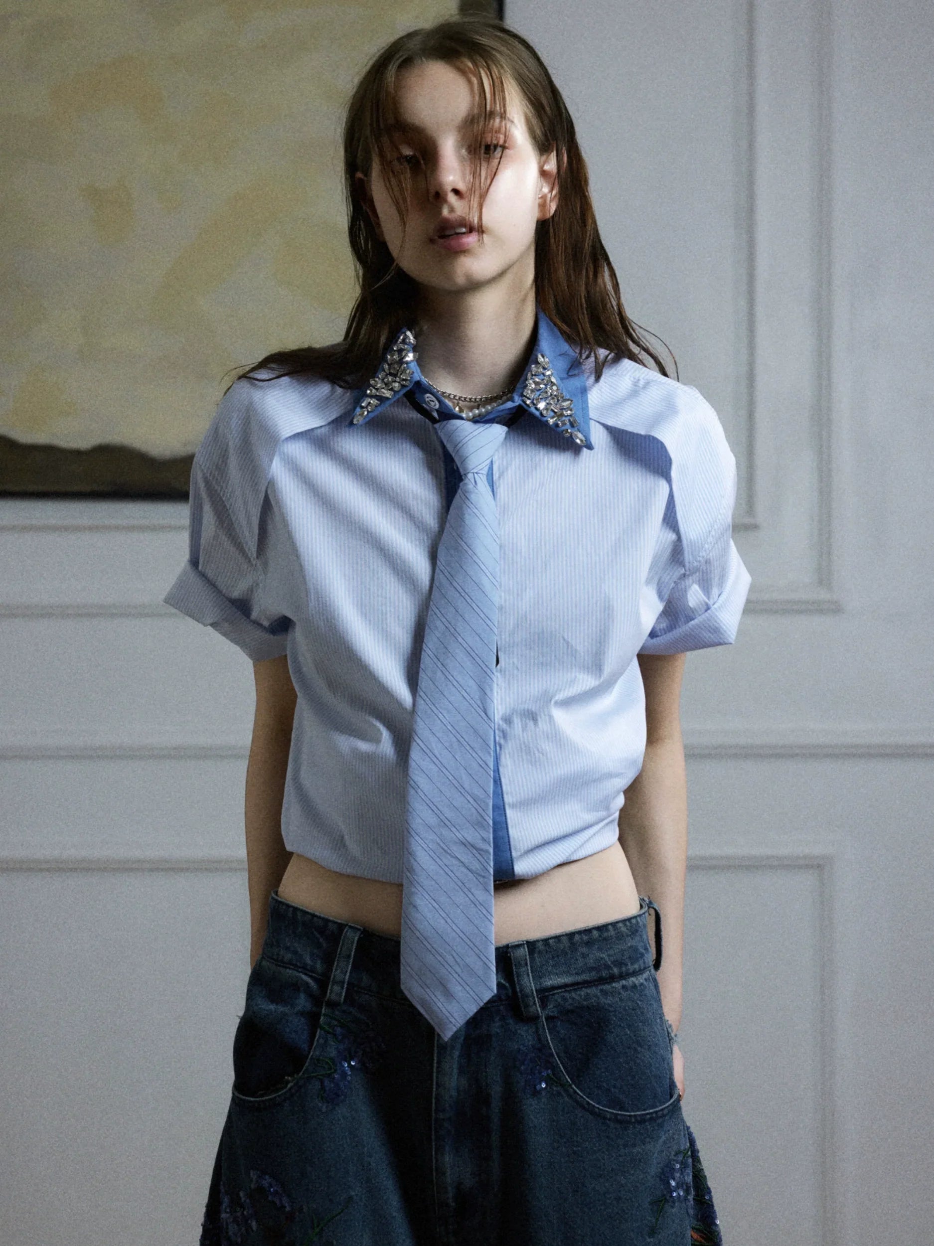 Rhinestone Stripe Two-Tone Patchwork Short Sleeve Shirt
