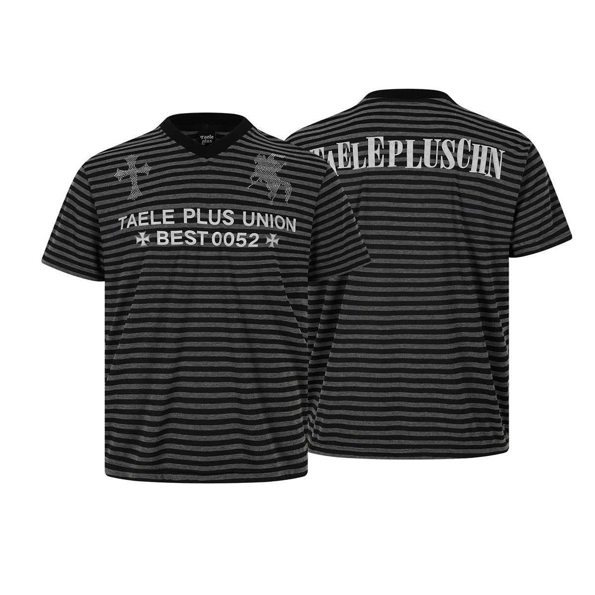 Stripe Cross Rhinestone Short Sleeve T-Shirt
