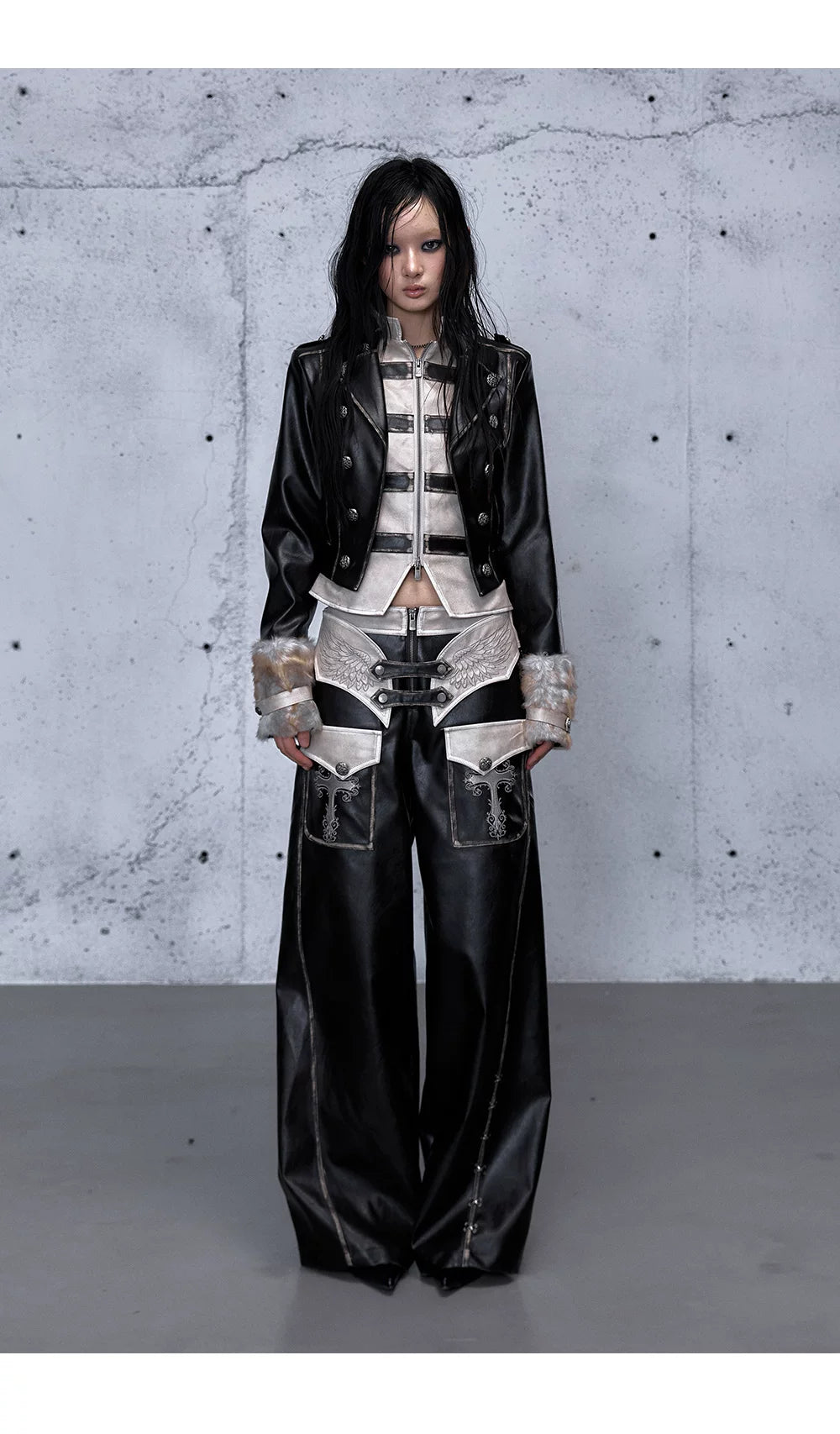 Standing-Collar Belt Detail Fake Fur Cuff PU Leather Jacket