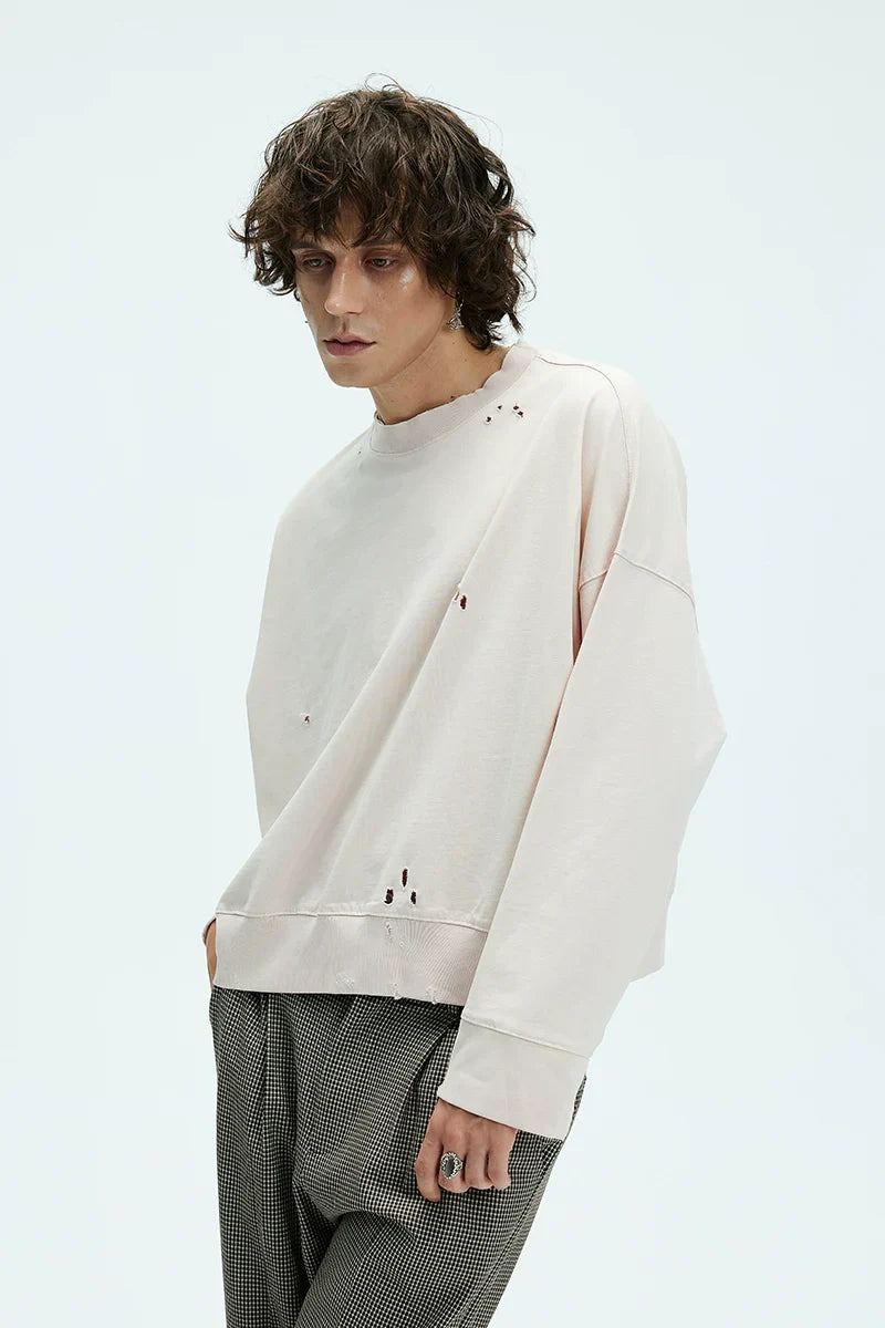 Damage Round Neck Large Silhouette Sweatshirt