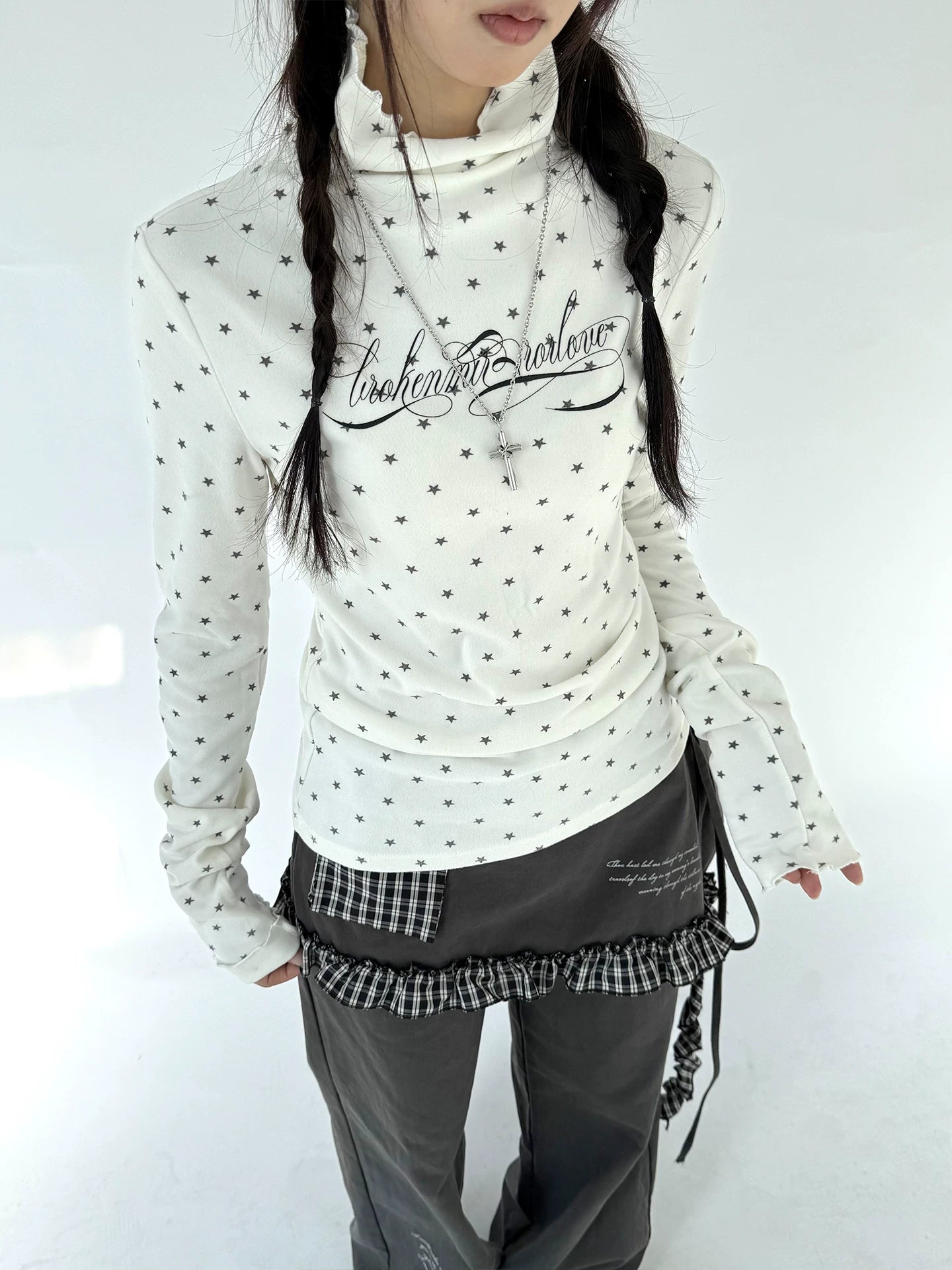 Polka Dot Print High-Neck Long Sleeve T-Shirt