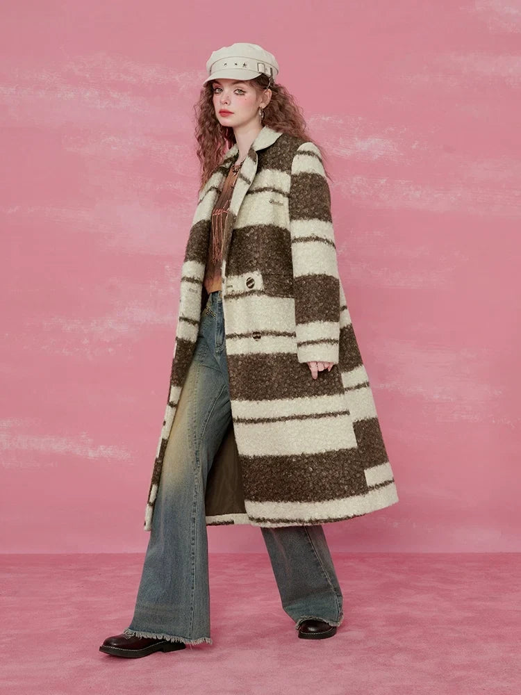Contrast Stripe Fake Wool Mid-Length Coat