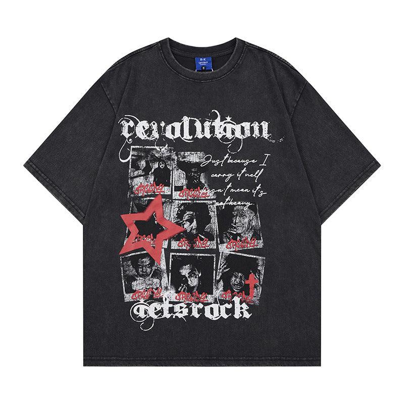 Washed Portrait Letter Print Short Sleeve T-Shirt