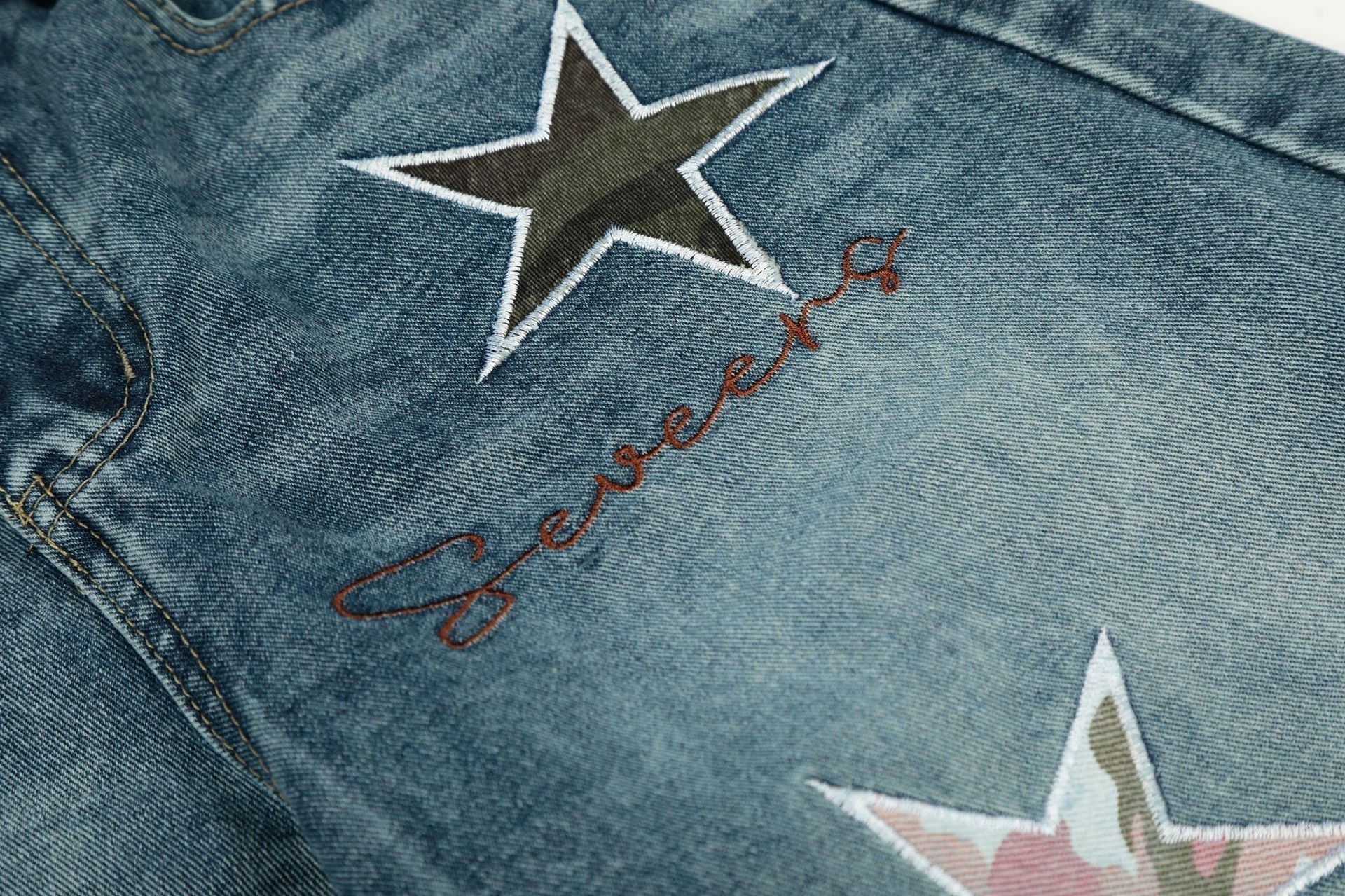 Washed Star Applique Wide Leg Denim Jeans