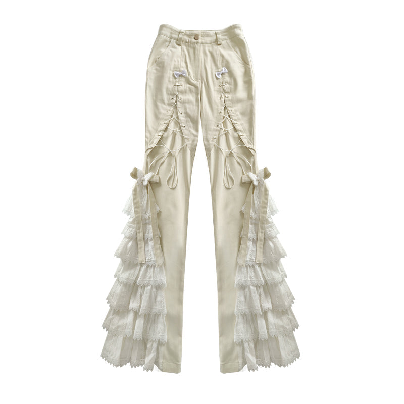 Lace-Trim Ruffle Long Pants