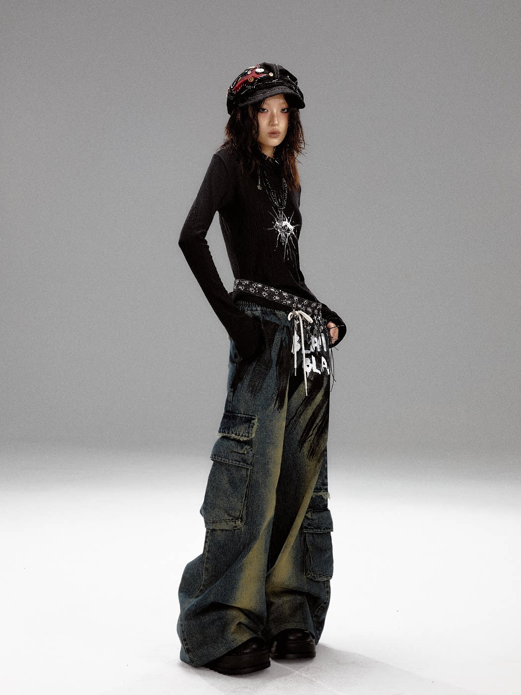 Washed Graffiti Wide-Leg Straight Dnim Jeans