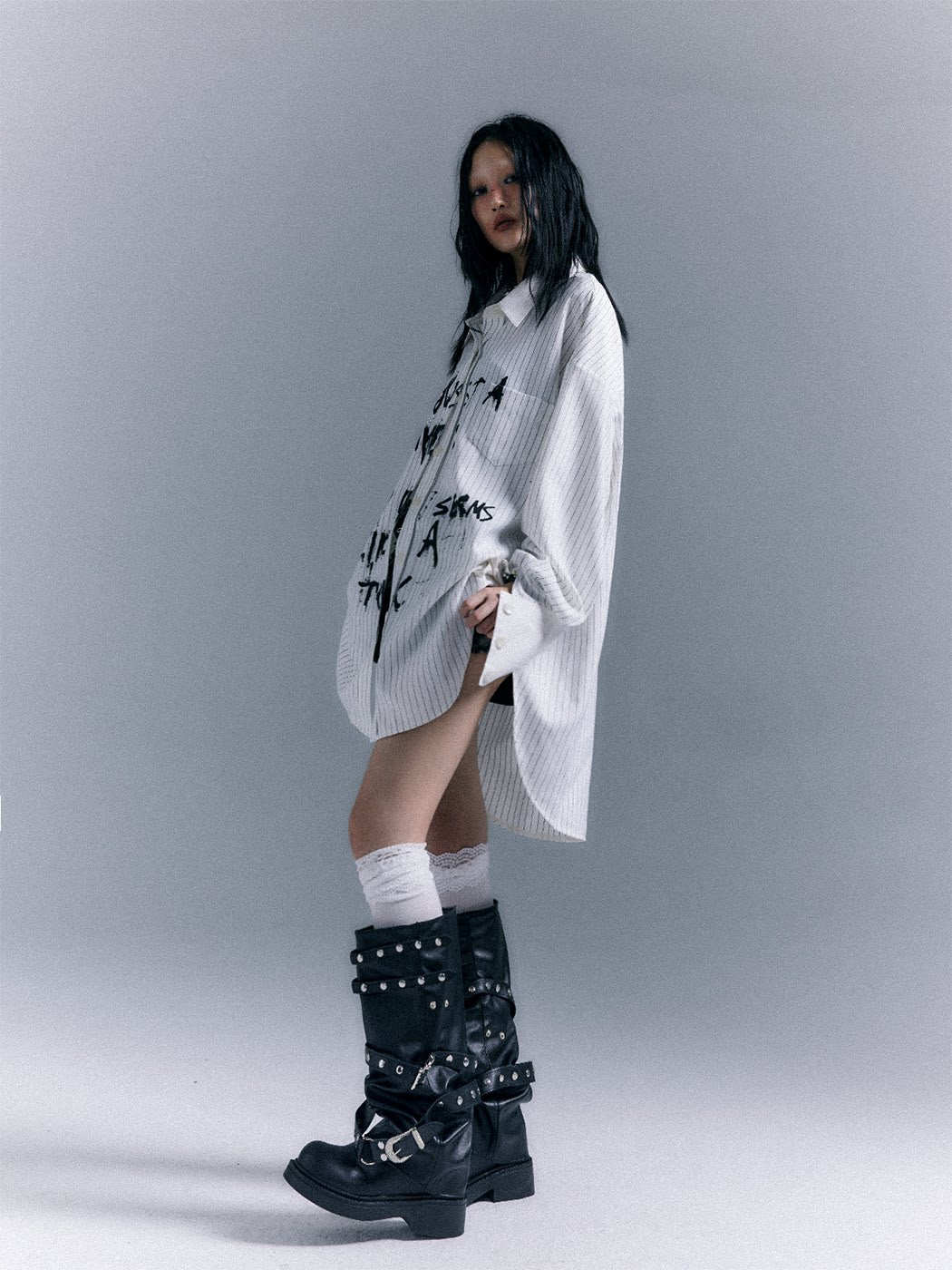 Graffiti Print Stripe Oversize Long Sleeve Shirt