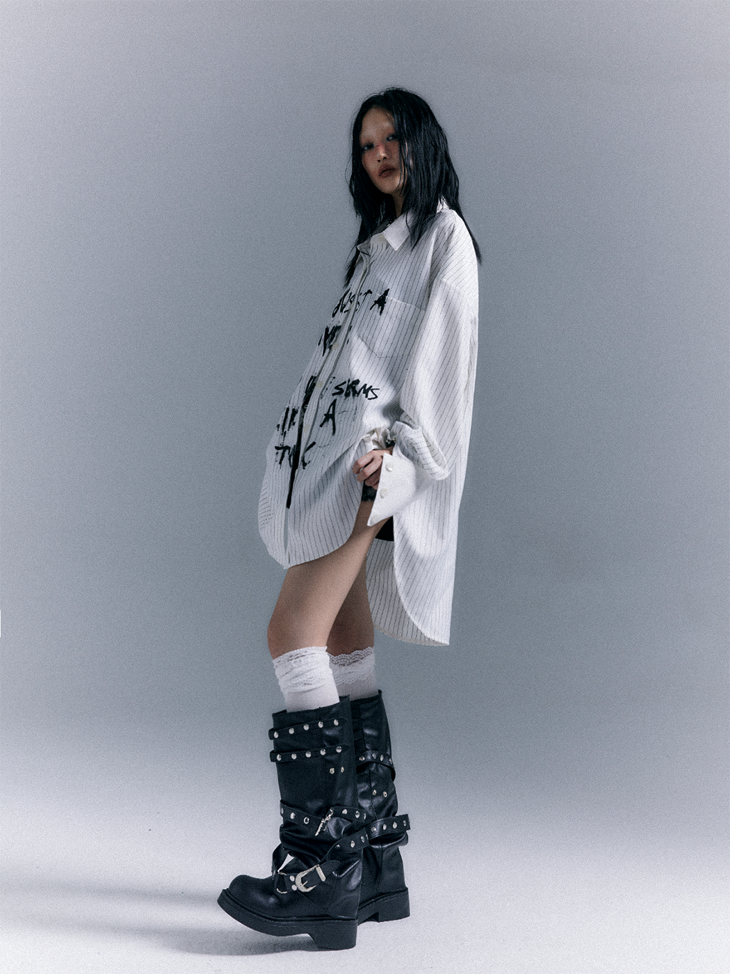 Graffiti Print Stripe Oversize Long Sleeve Shirt