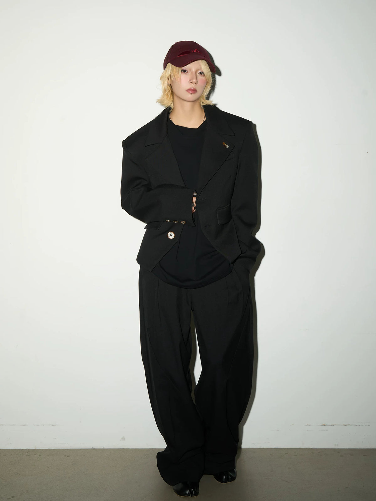 Shoulder-Pad Button Tailored Jacket & Wide Leg Trousers Setup