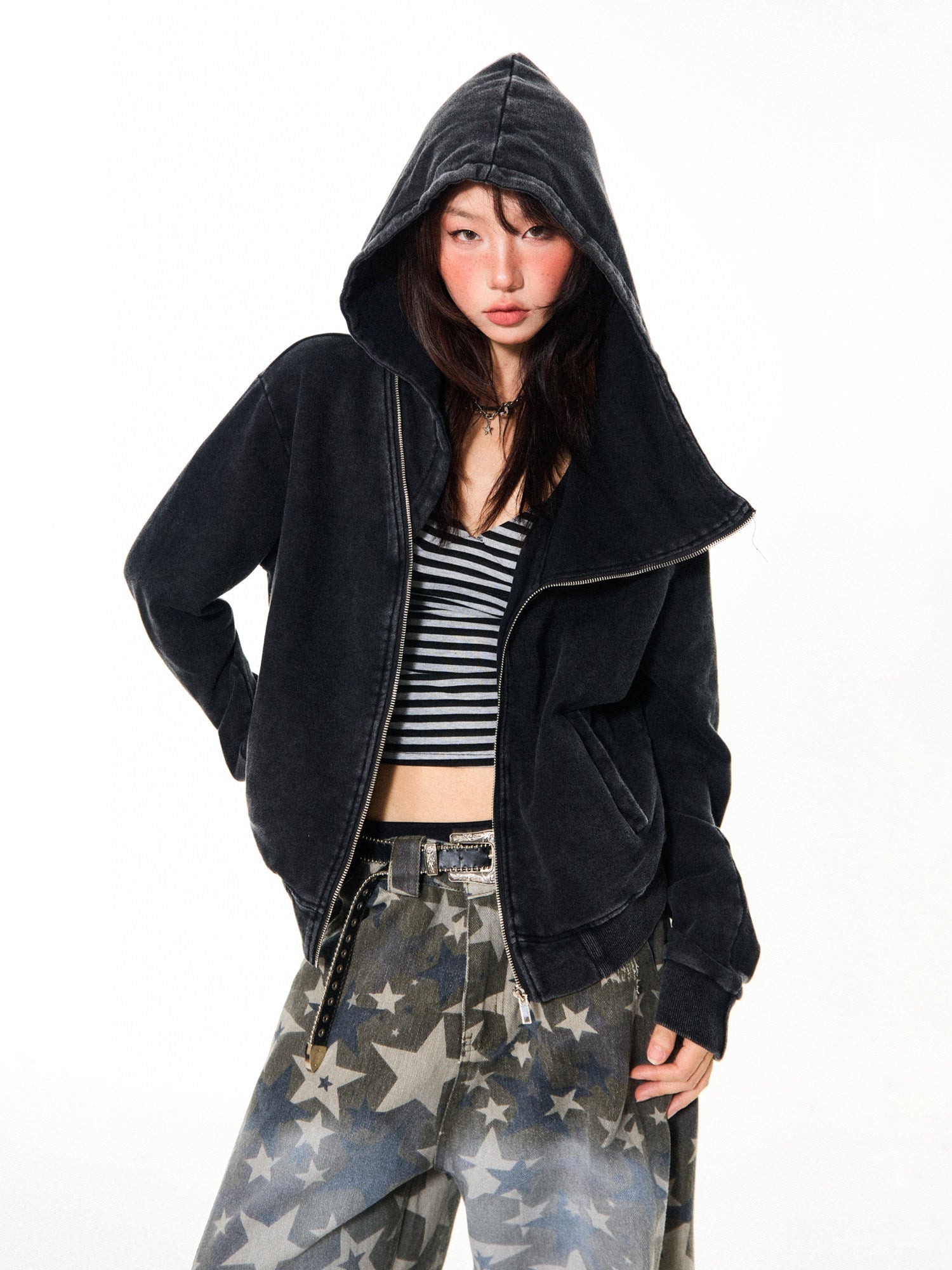 Asymmetrical Zipper Oversize Hooded Jacket