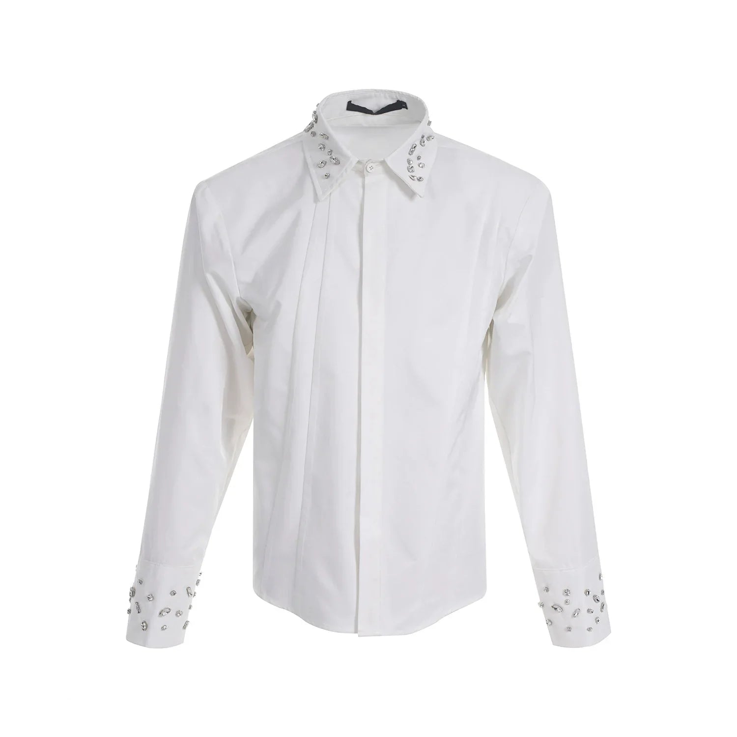 Handcrafted Rhinestone Patchwork Shoulder-Pad Long Sleeve Shirt