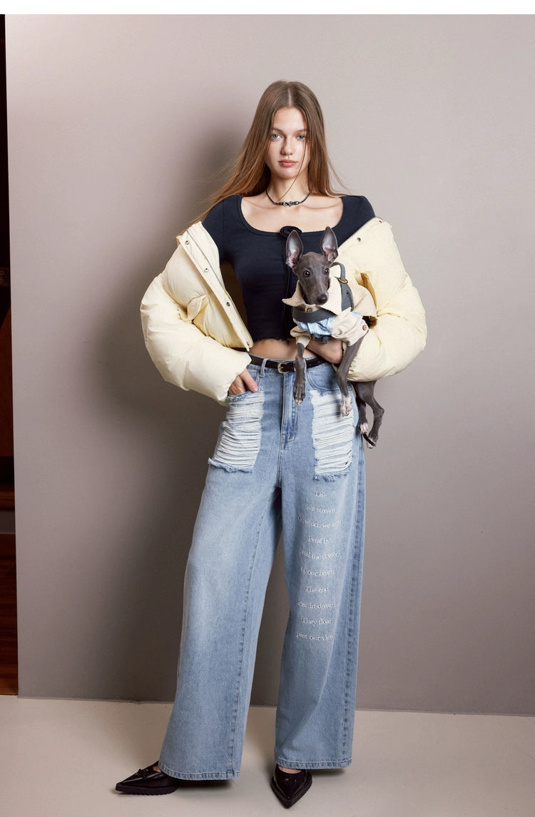 Retro Blue Frayed Ripped Jeans