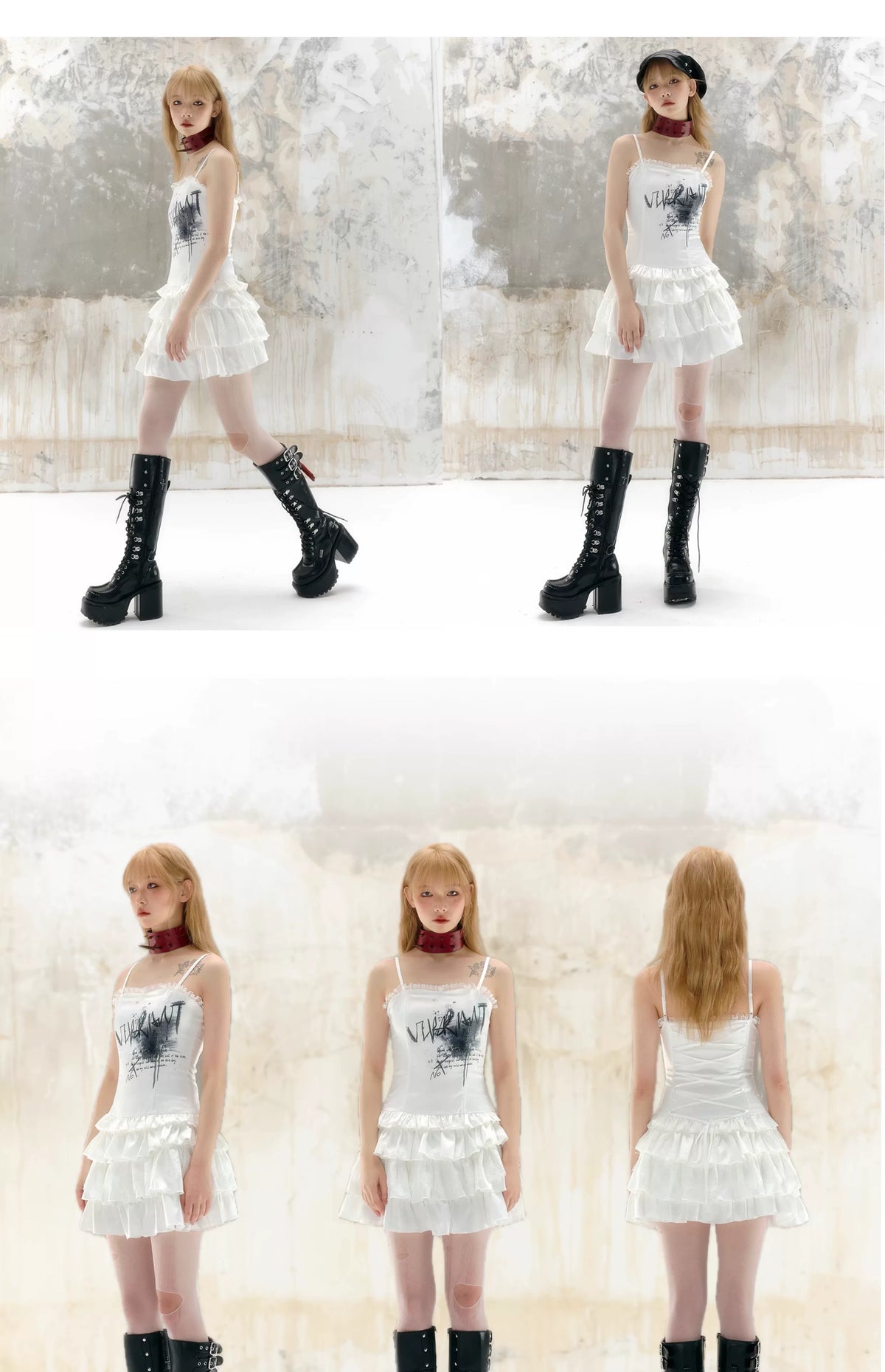 Graffiti Print Satin Lace-Up Ruffled Layered Dress