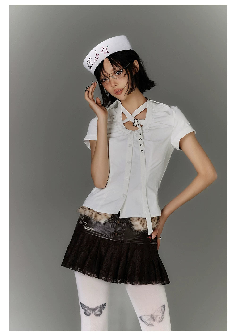 Button Strap Detail Fitted Short Sleeve Shirt