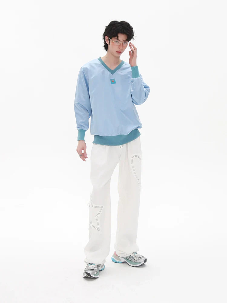 V-Neck Patch Embroidery Sweatshirt