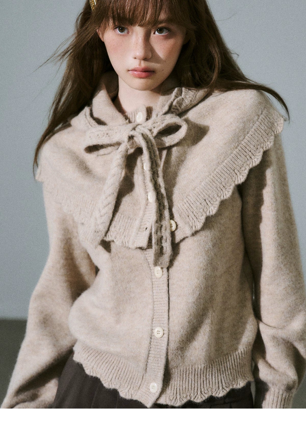 Ruffled Collar And Bow Detail Knit Cardigan