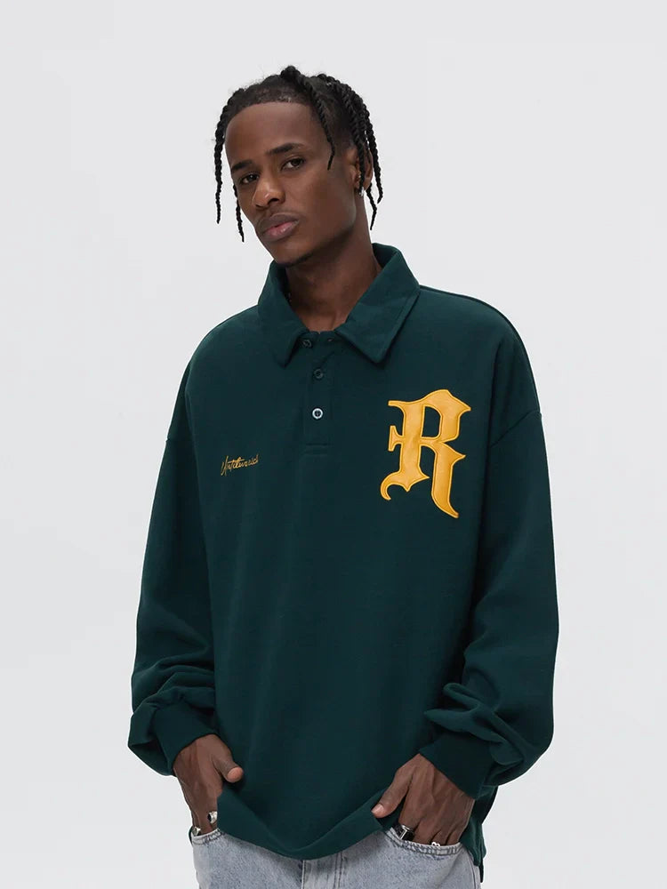 Patch Embroidery Design Long Sleeve Polo Shirt
