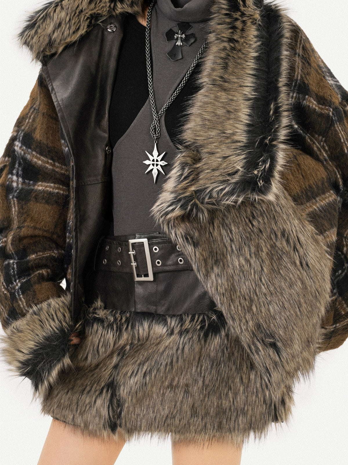 Reversible Fake Fur PU Leather Jacket & Skirt Setup