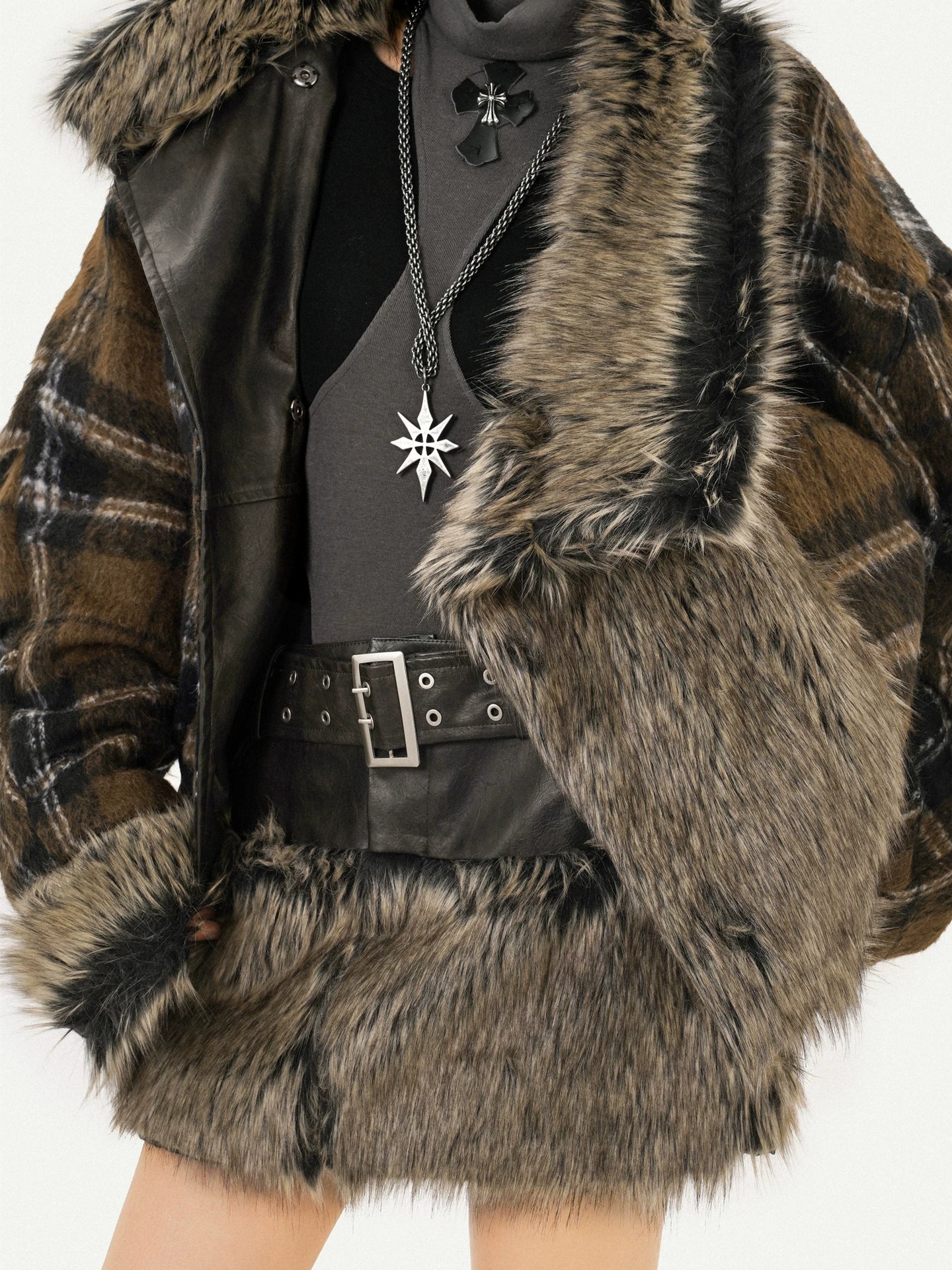 Reversible Fake Fur PU Leather Jacket & Skirt Setup