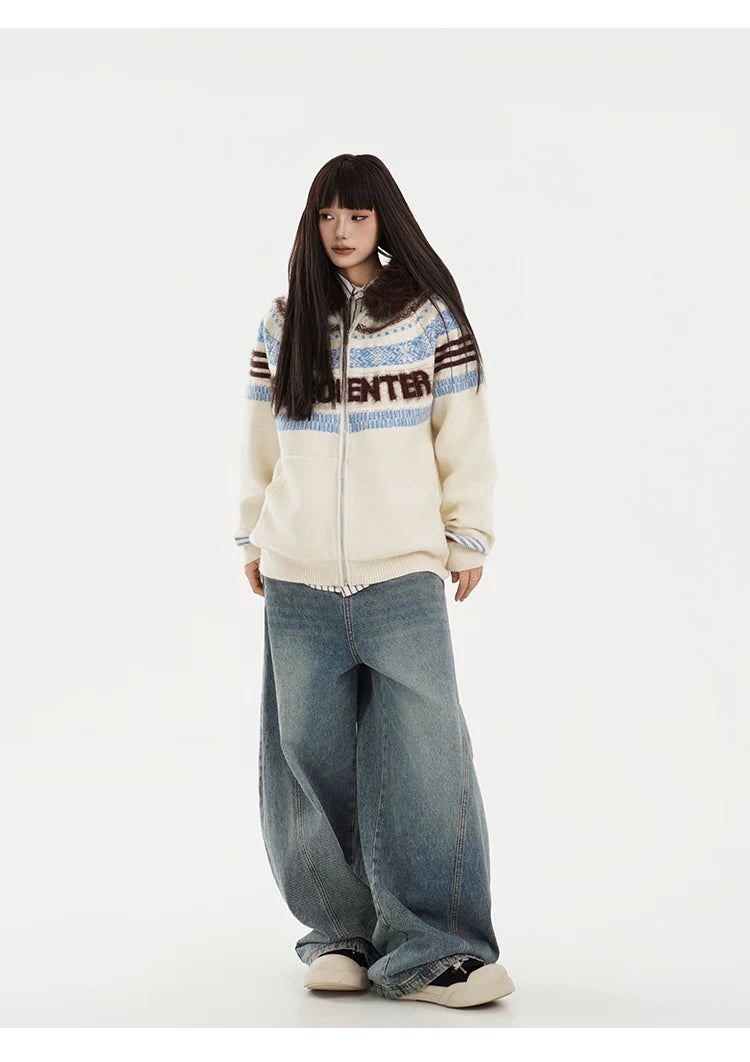 Fair Isle Hooded Detachable Fur Collar Knit Cardigan