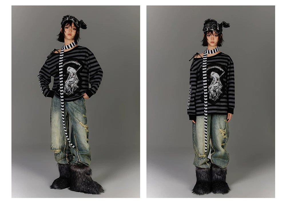 Off-Shoulder Drawstring Stripe Oversize Long Sleeve T-Shirt