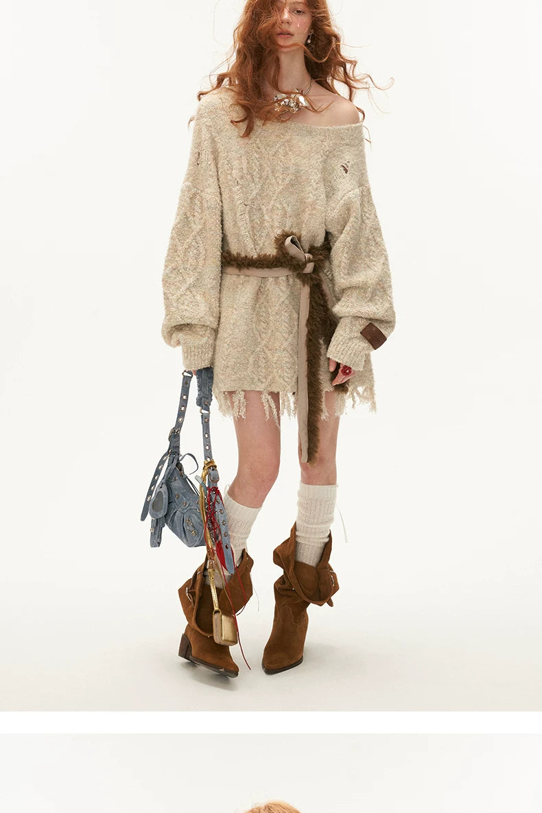 Wool Blend Tassel Knit Sweater & Waist Belt