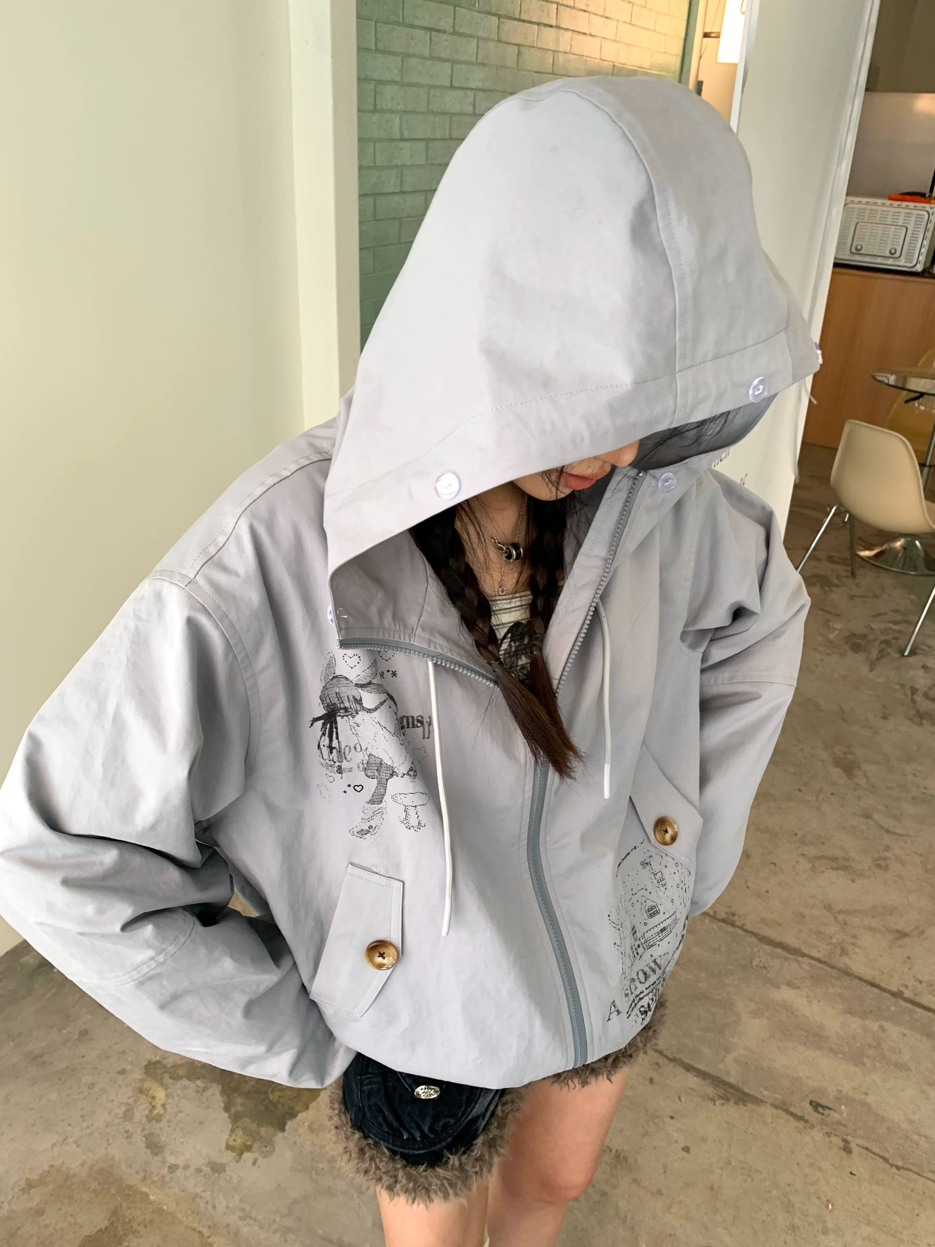 Fake Fur Trim Graphic Print Oversize Hooded Jacket