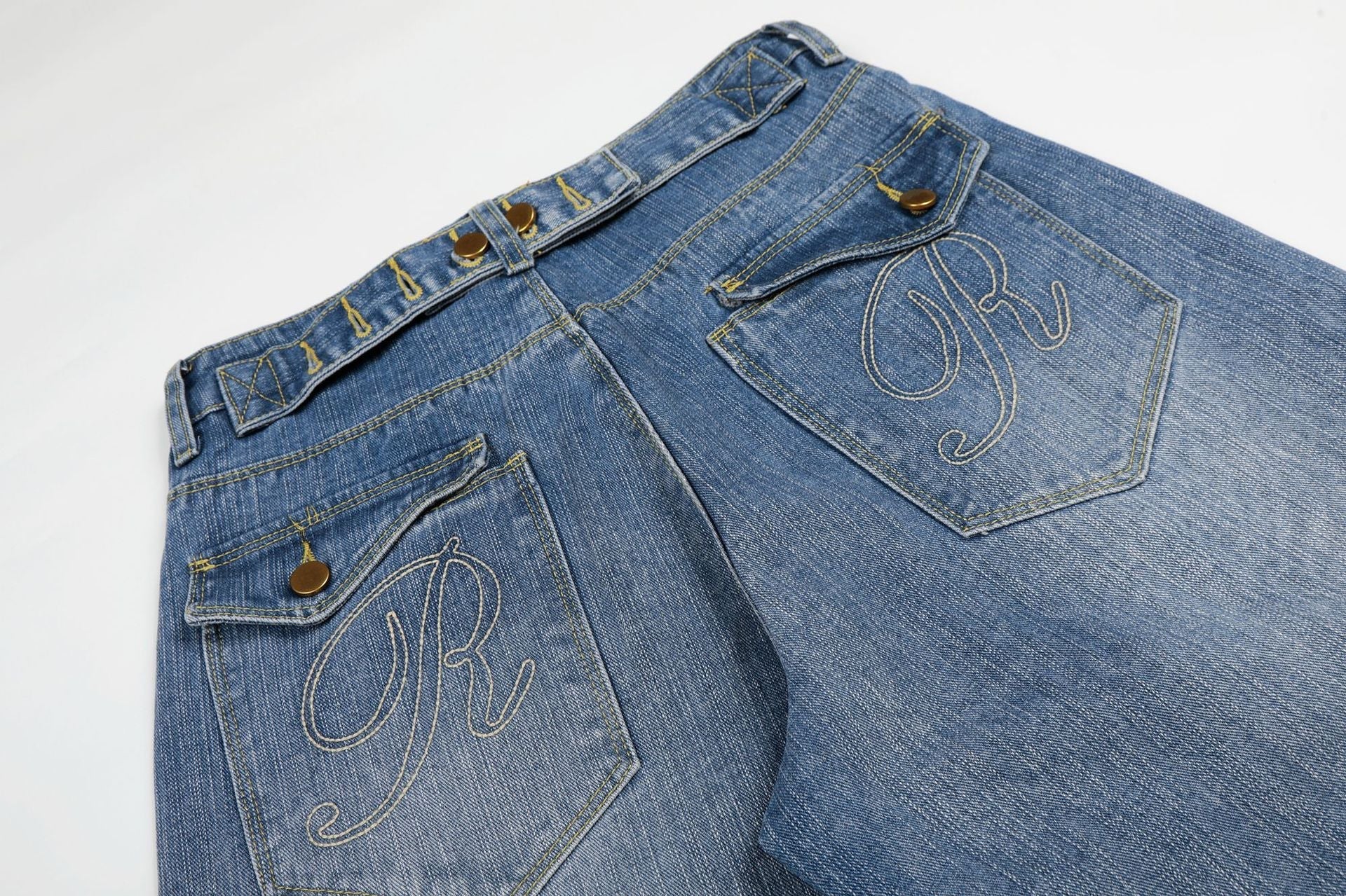 Washed Logo Embroidery Wide Leg Denim Jeans