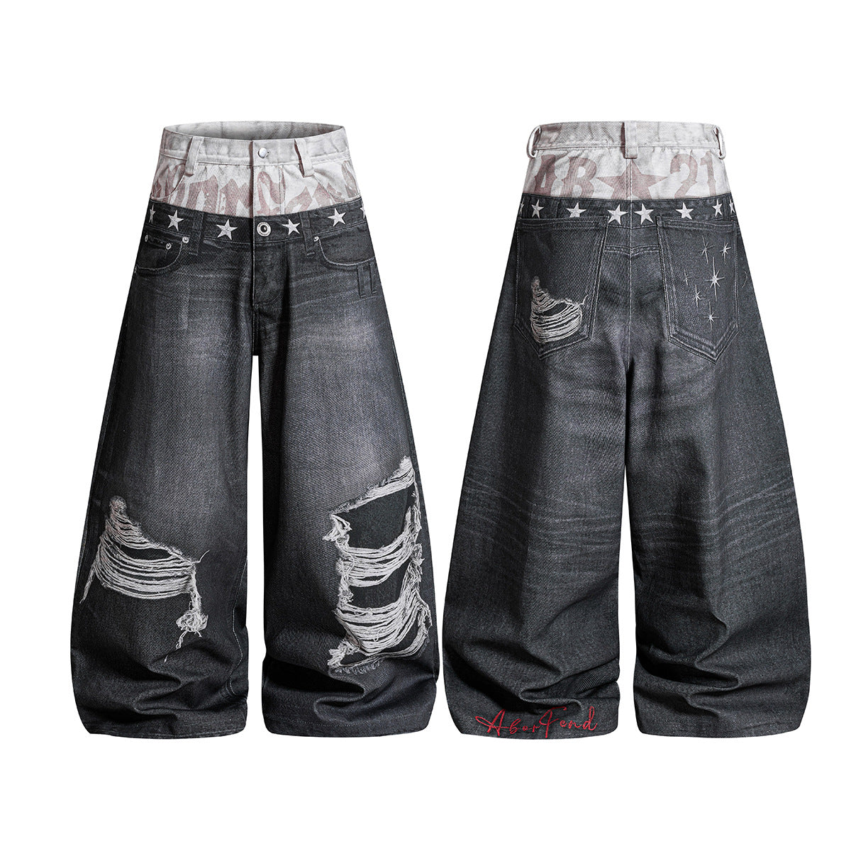 Star Damage Washed Wide Leg Denim Jeans