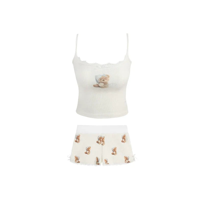 Conjunto de camisola corta con estampado de oso, camisola, shorts, pantalones micro flare y camiseta de manga corta