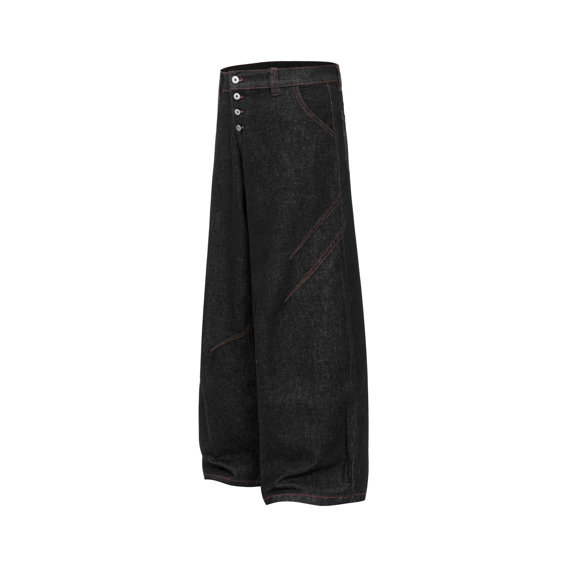 Contrast Stitch Panel Curved Wide Leg Denim Jeans