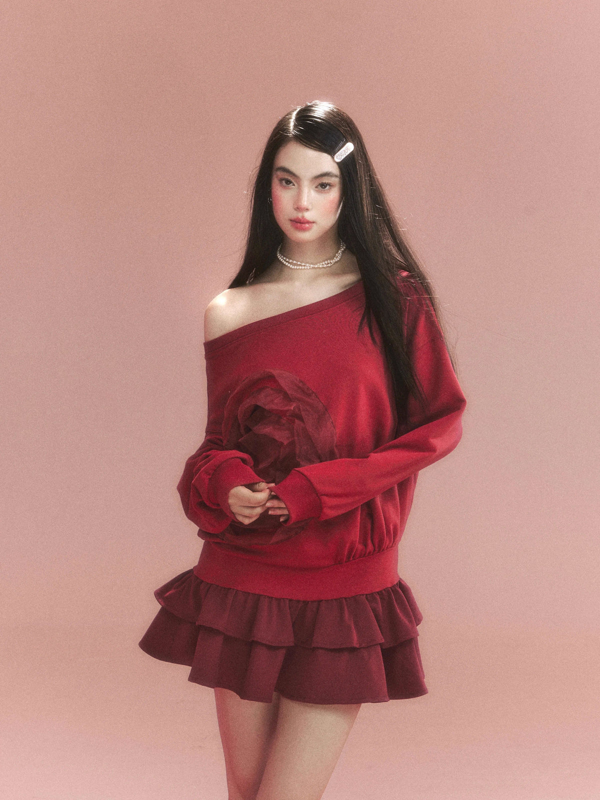 Flower Ruffle Sweatshirt Mix Dress