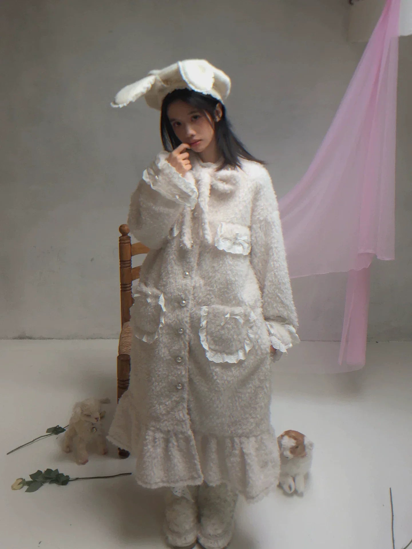 Plush Bow Ruffle Long Coat