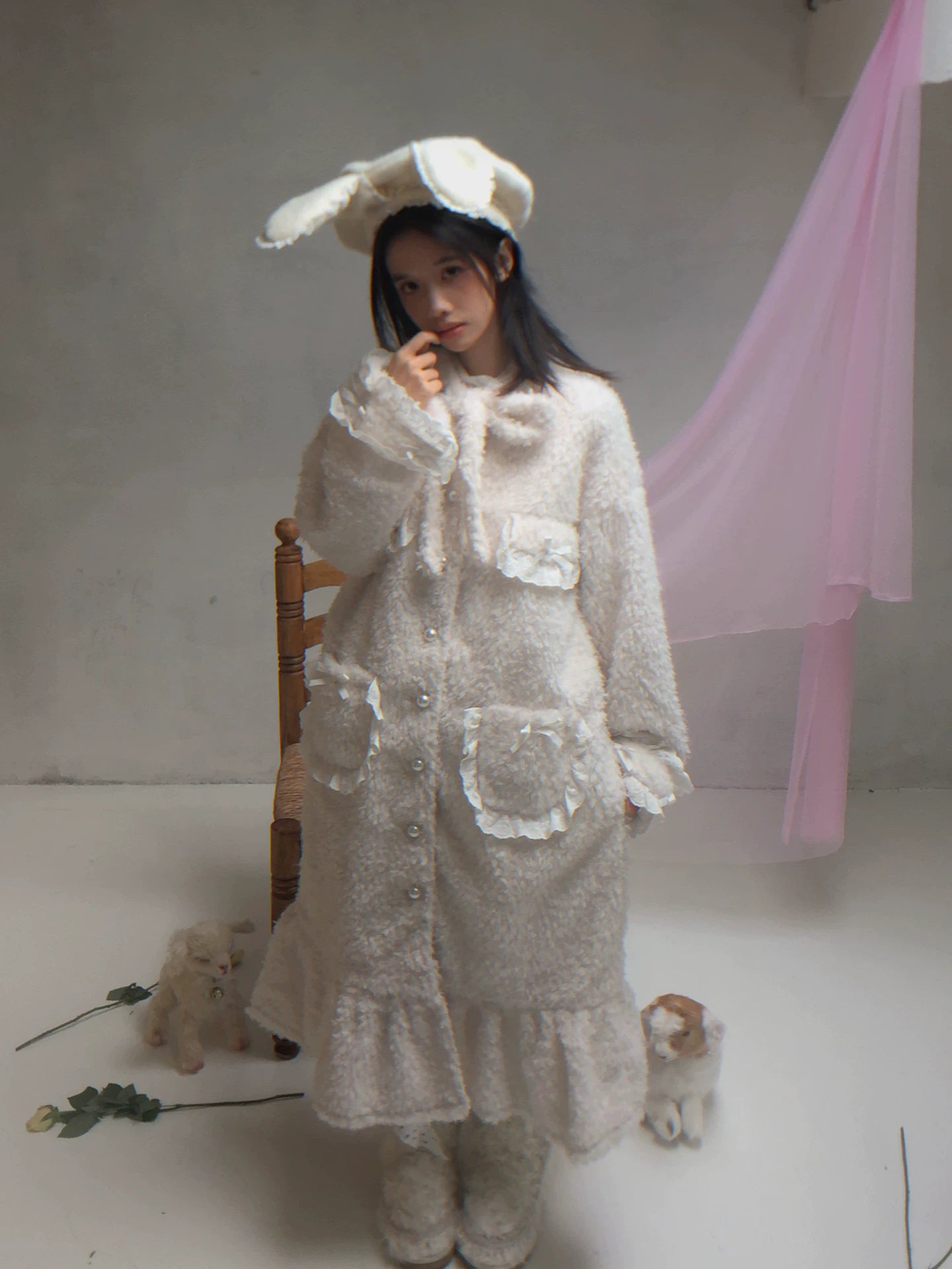 Plush Bow Ruffle Long Coat