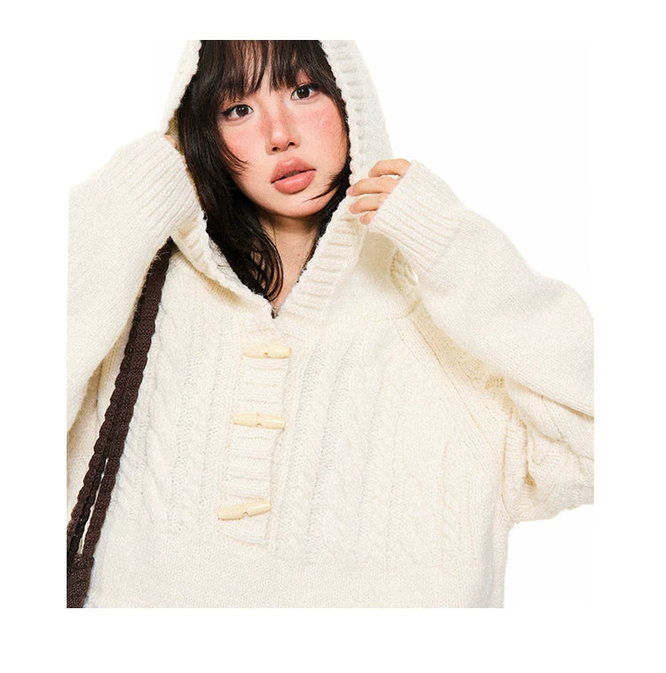 Hooded Toggle-Front Knit Sweater