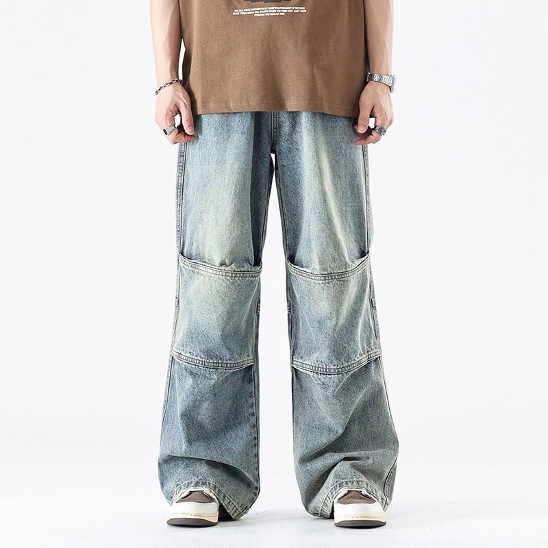 Washed Pleats Patchwork Wide Leg Denim Jeans