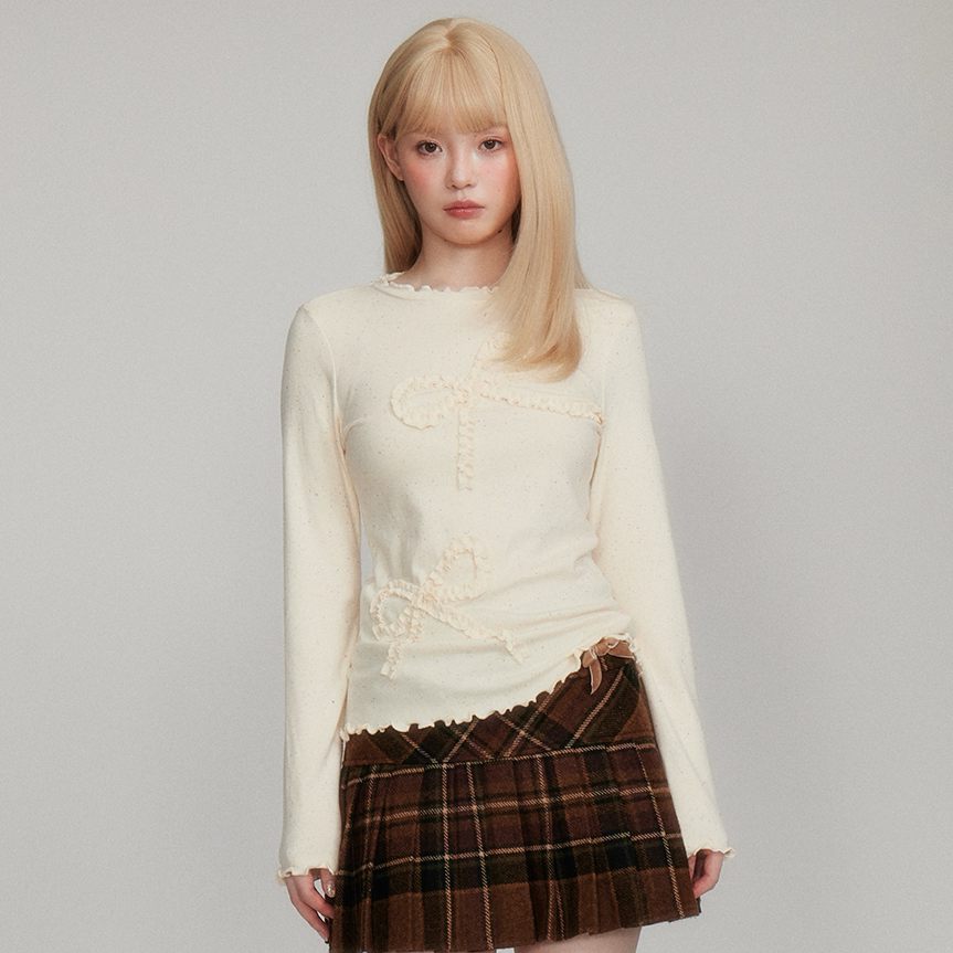 Dot Pattern Bow Lyocell Thermal Long Sleeve T-Shirt