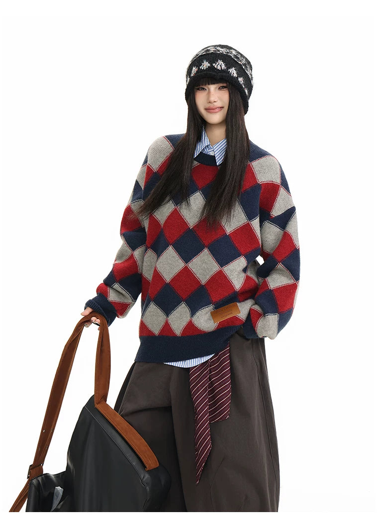 Heavyweight Diamond Pattern Oversize Hooded Knit Cardigan & Knit Sweater