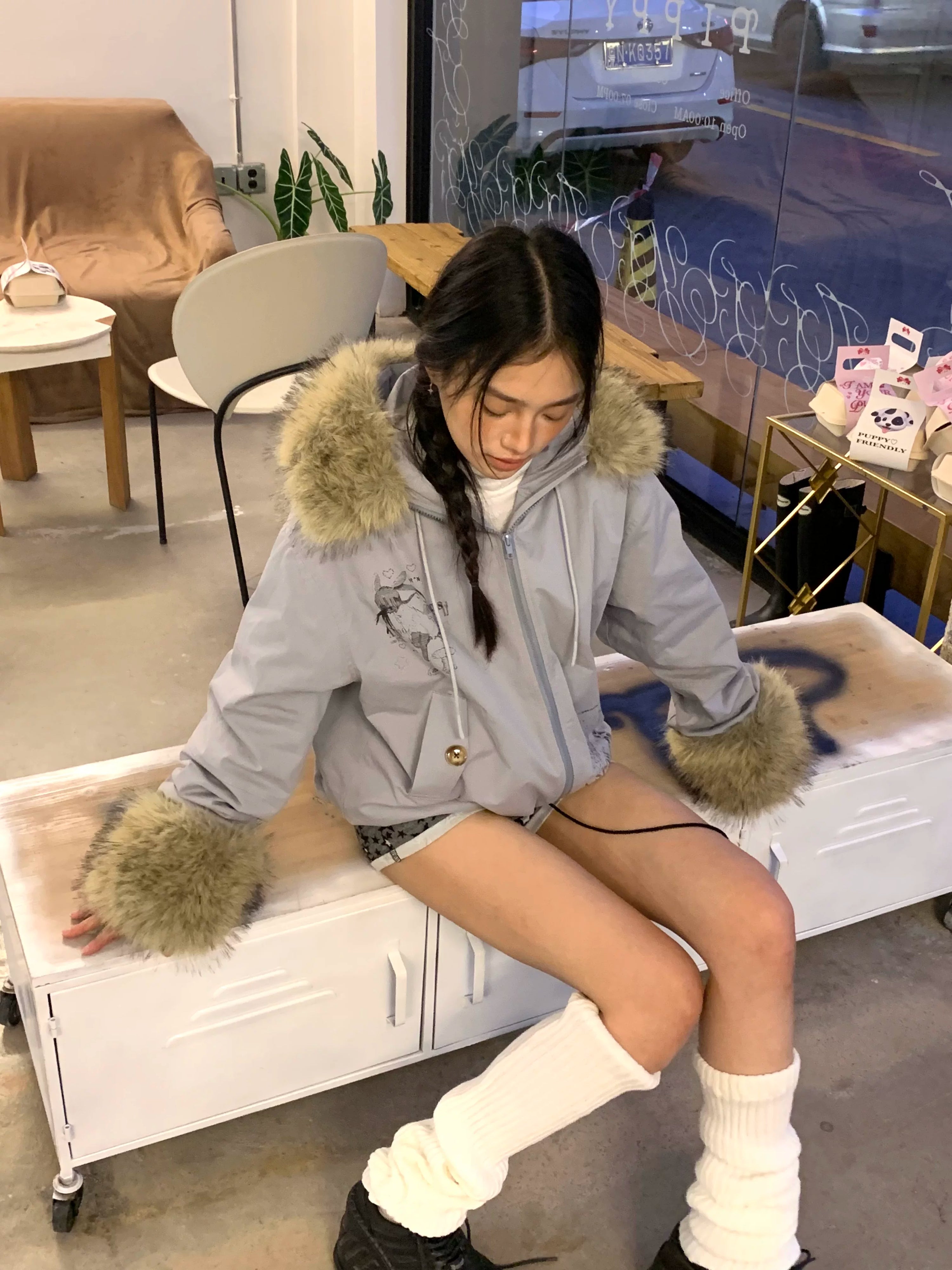 Fake Fur Trim Graphic Print Oversize Hooded Jacket