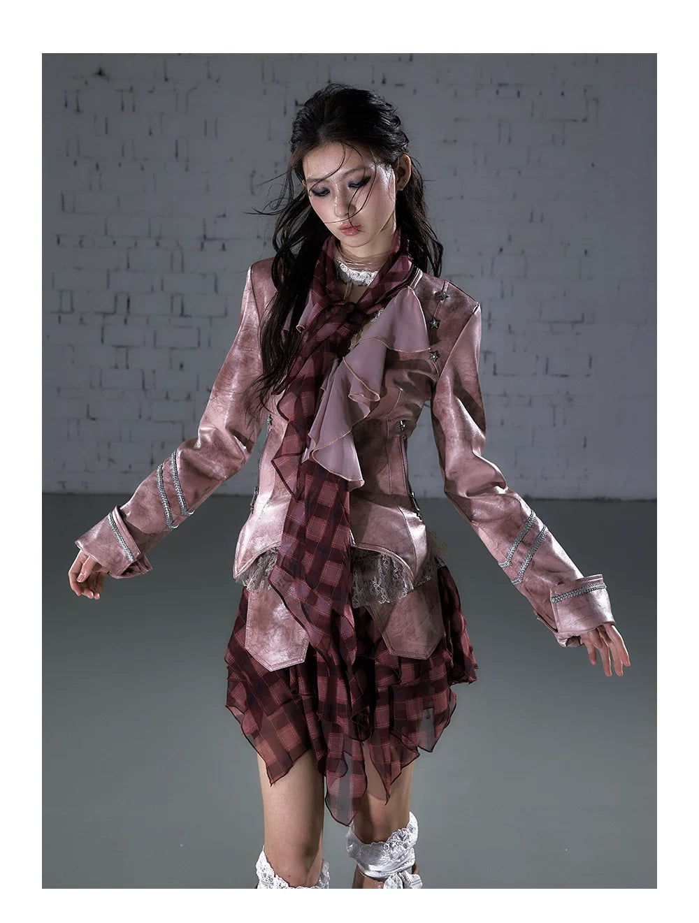 Ruffle Tie-Neck Slim Fit Long Sleeve Shirt