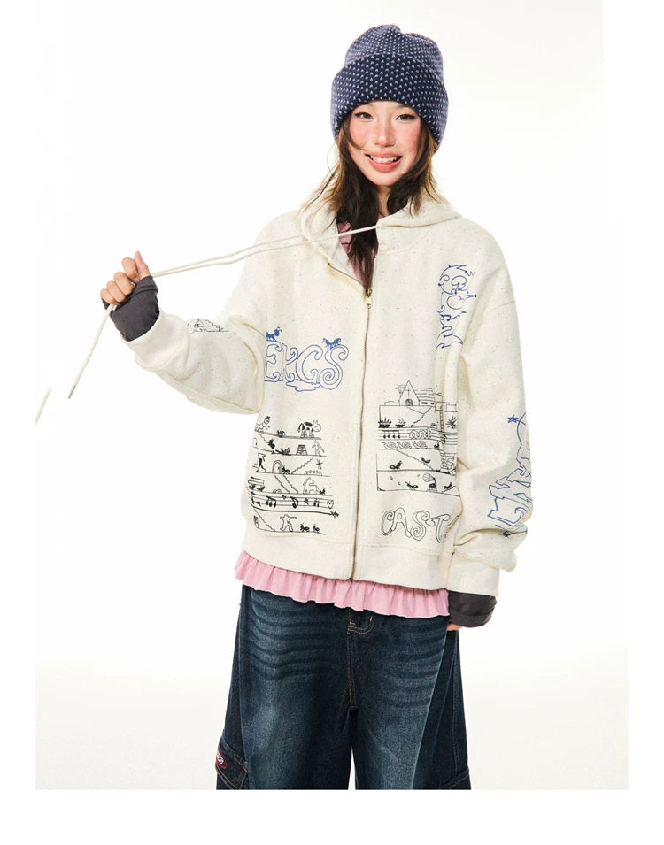 Graphic Print Oversize Zipper Hoodie