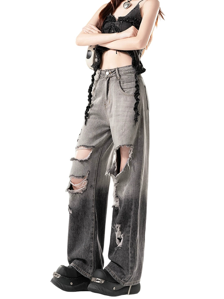 Gradient Ripped Wide-leg Jeans