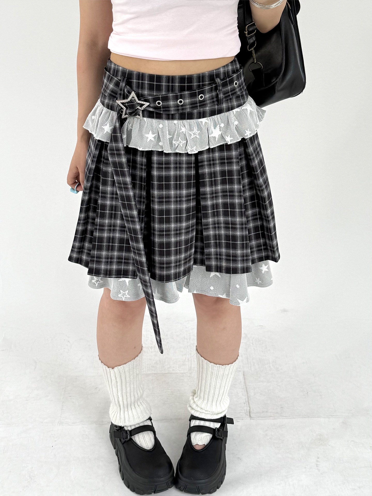 Plaid Lace Layered Star A-Line Short Skirt