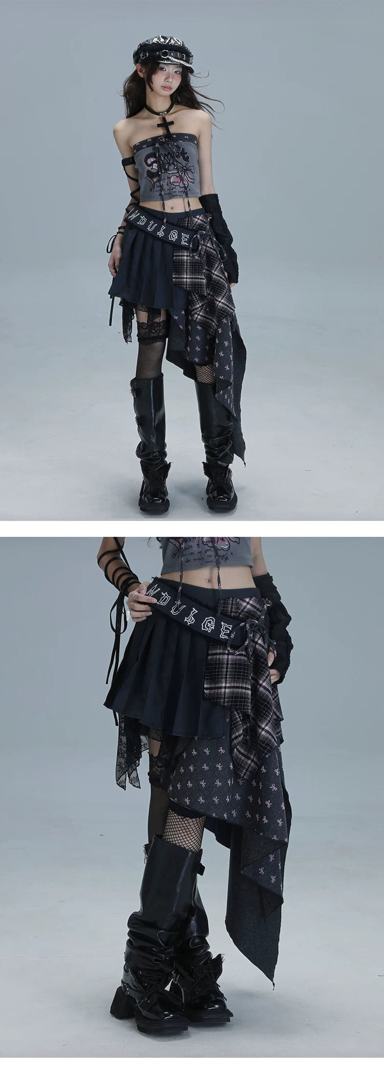Plaid Patchwork Asymmetric Embroidery Skirt