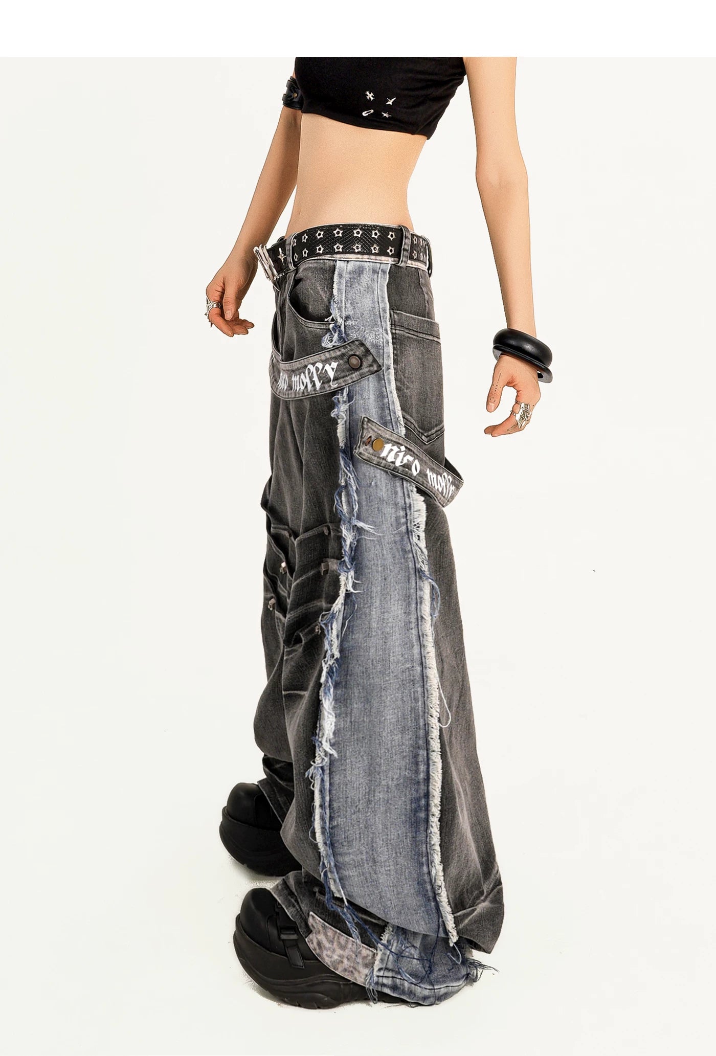 Damage Wash Raw Hem Wide Leg Denim Jeans