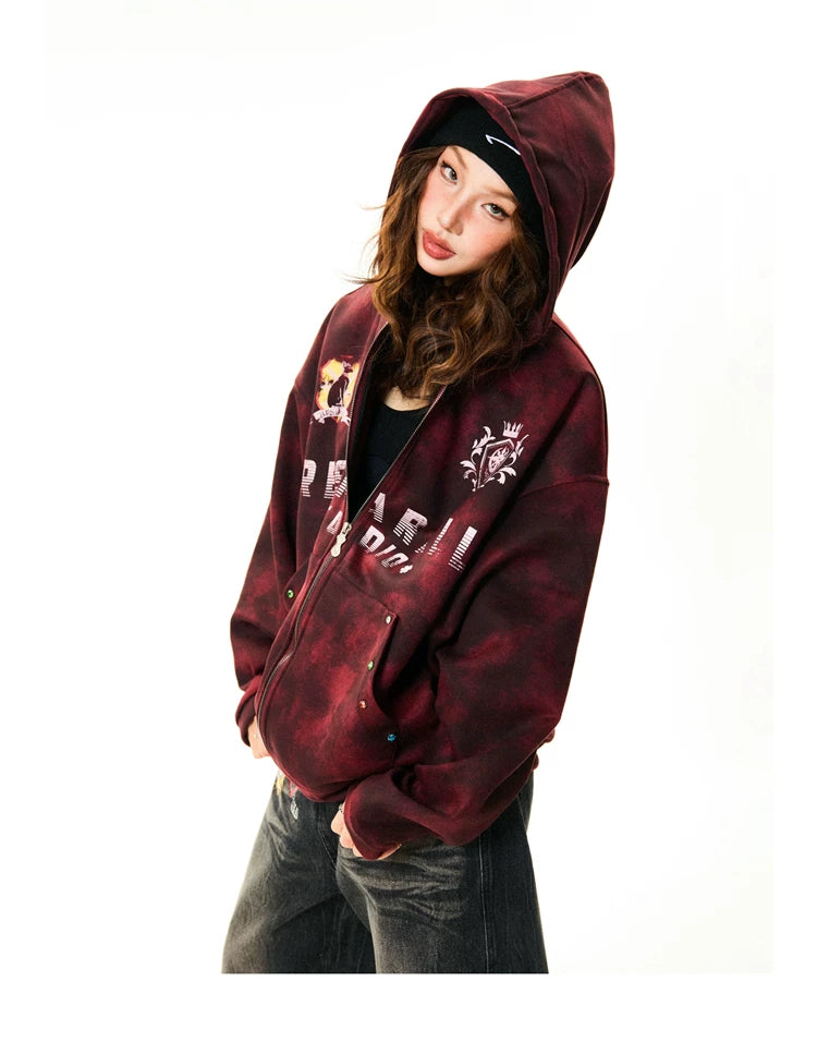 Tie-Dye Letter Print Oversize Zipper Hoodie