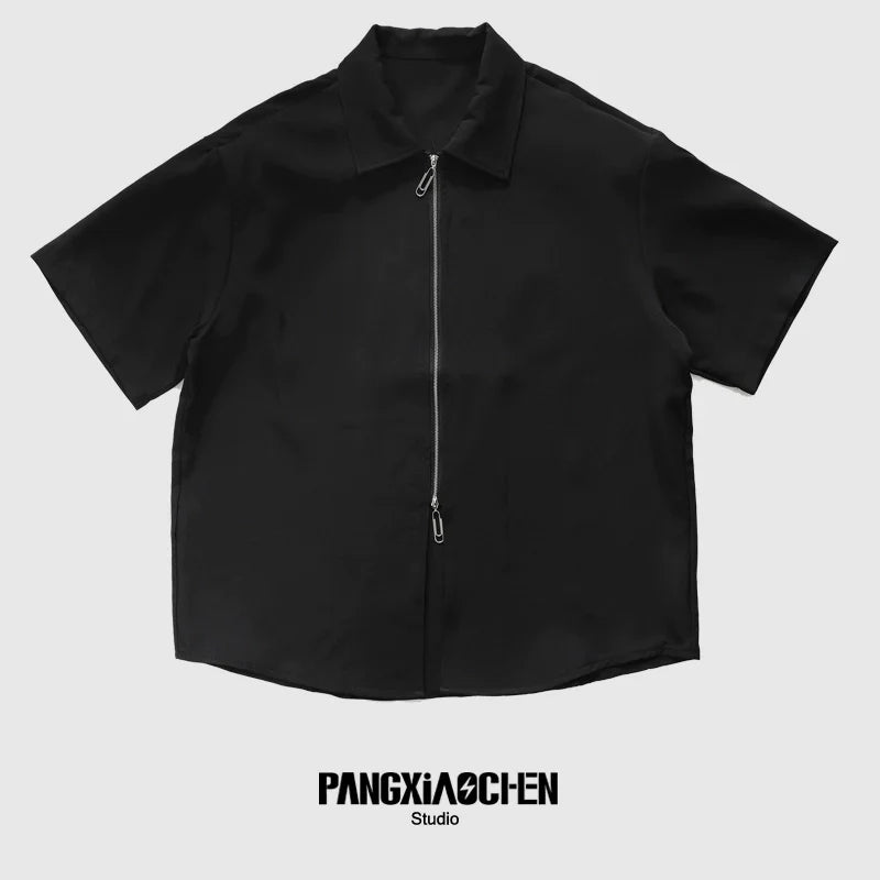 Black Color Zipper Short Sleeve Shirt