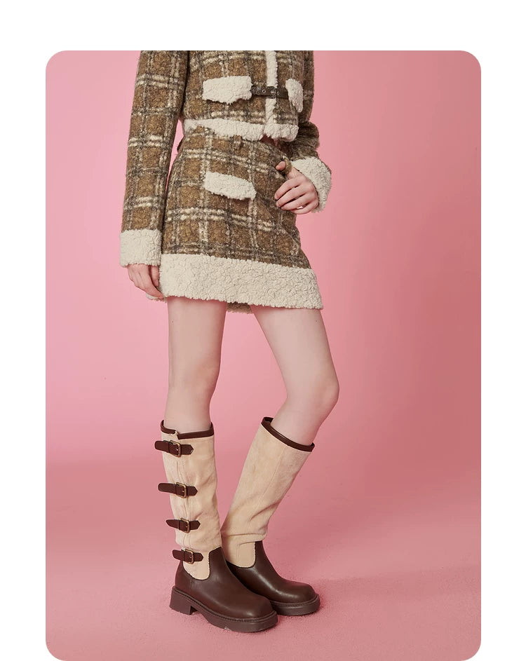 Fake Shearling Short Jacket & Pencil Skirt Setup